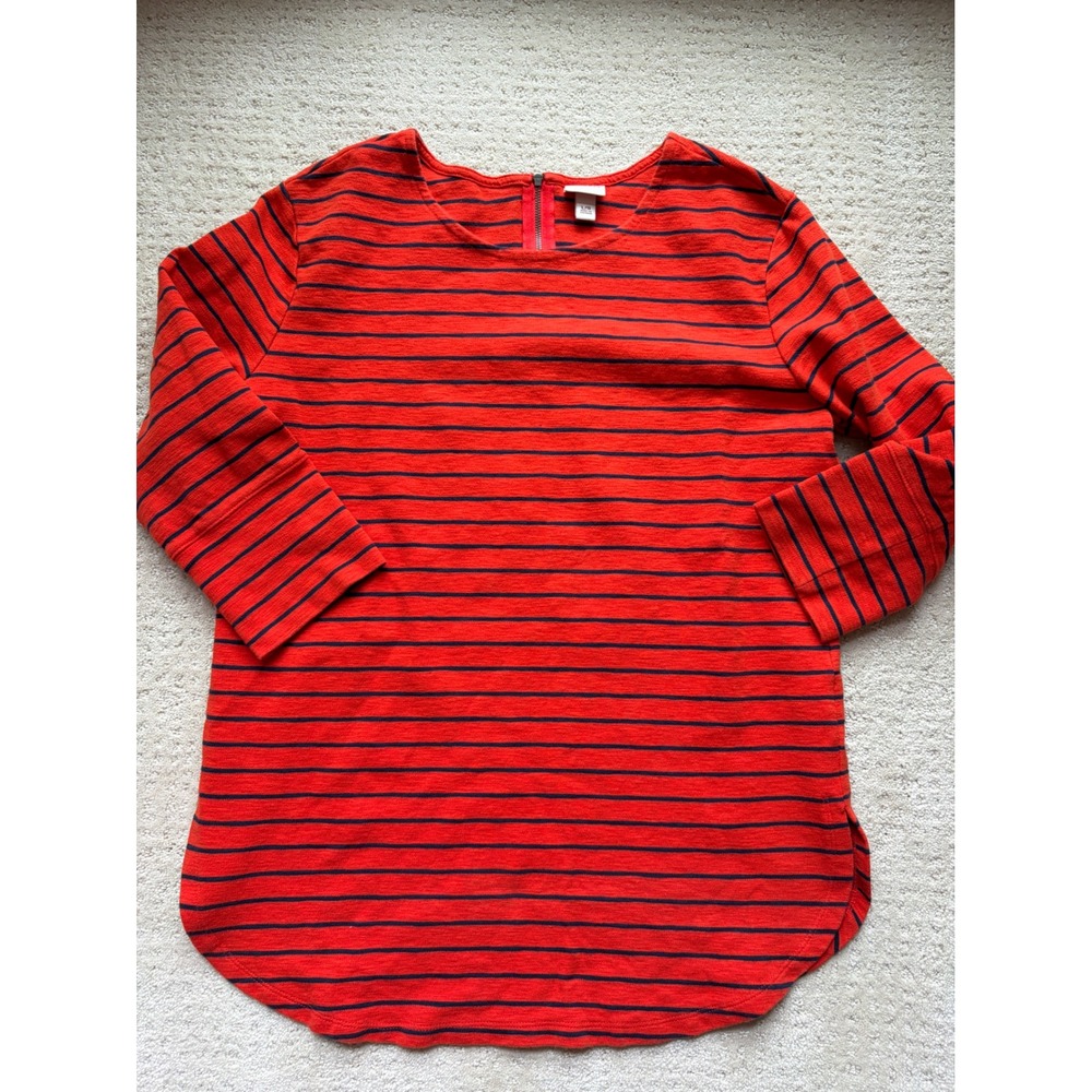 Merona Striped Top L Orange Navy Blue Zip Back Nautical Preppy Casual Luxury